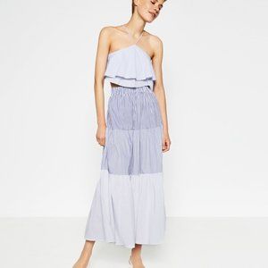 Zara Blue and White Striped Tiered Maxi Skirt Size Small